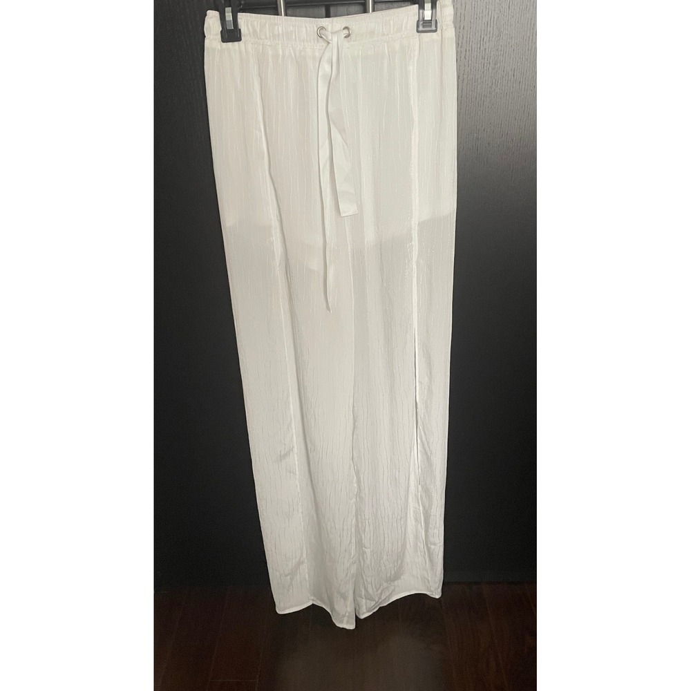 Essue White Wide Leg Crinkle Textured High Slit Drawstring Pants Small